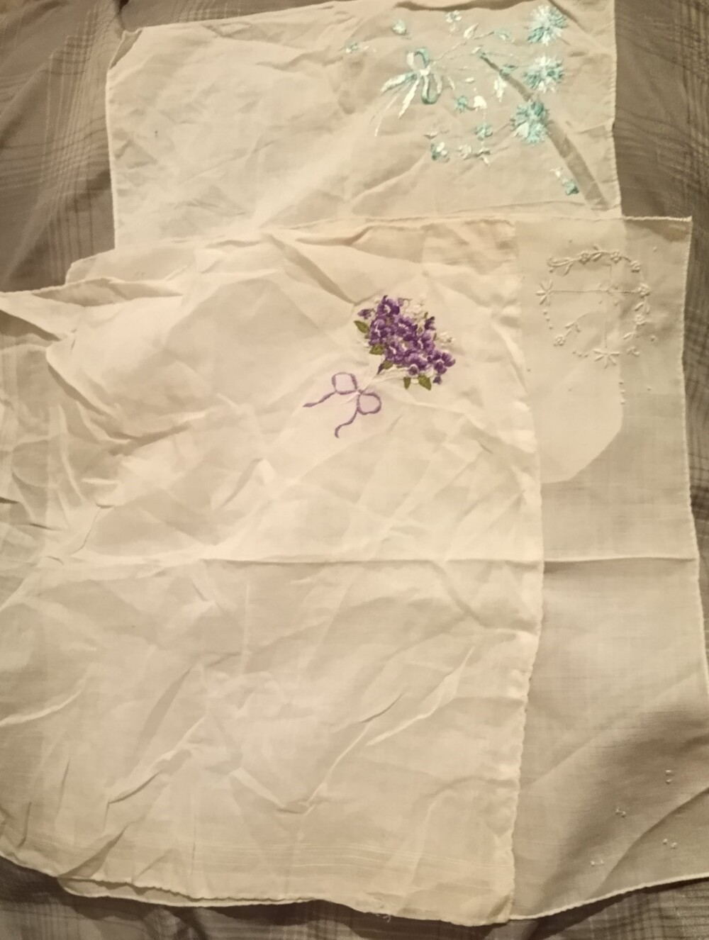 Vintage Mid Century Floral Handkerchief Lot of 3 Purple Blue White Embroidery